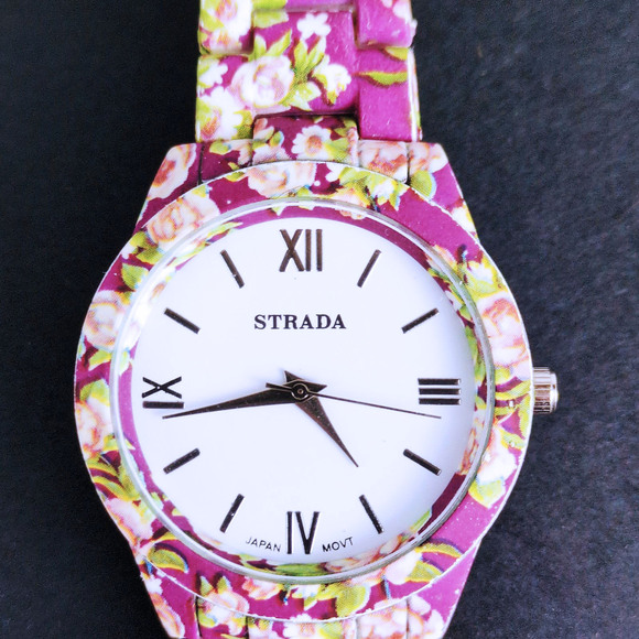 Vintage Strada Japan Movement Purple Floral Band Analog Ladies Watch, Battery Op - Picture 2 of 5